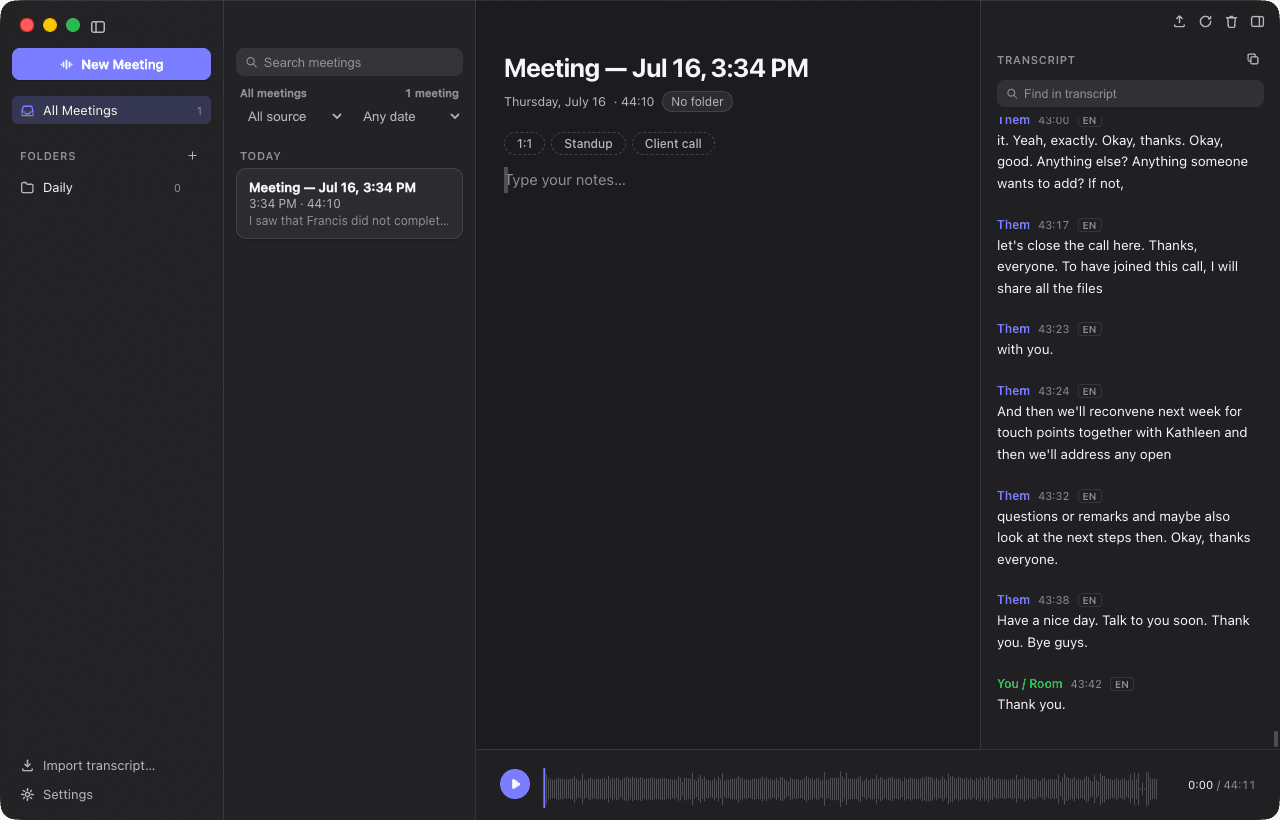 Meeterz meeting workspace showing notes, transcript, and waveform playback