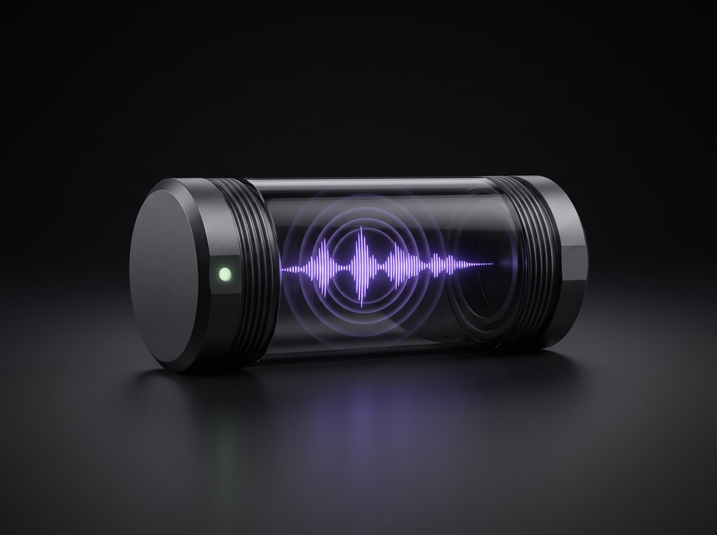 A violet audio waveform contained inside a sealed graphite and glass capsule